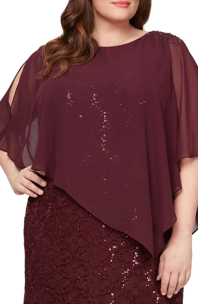 SL FASHIONS Sequin Floral Lace Dress with Capelet, Alternate, color, Fig