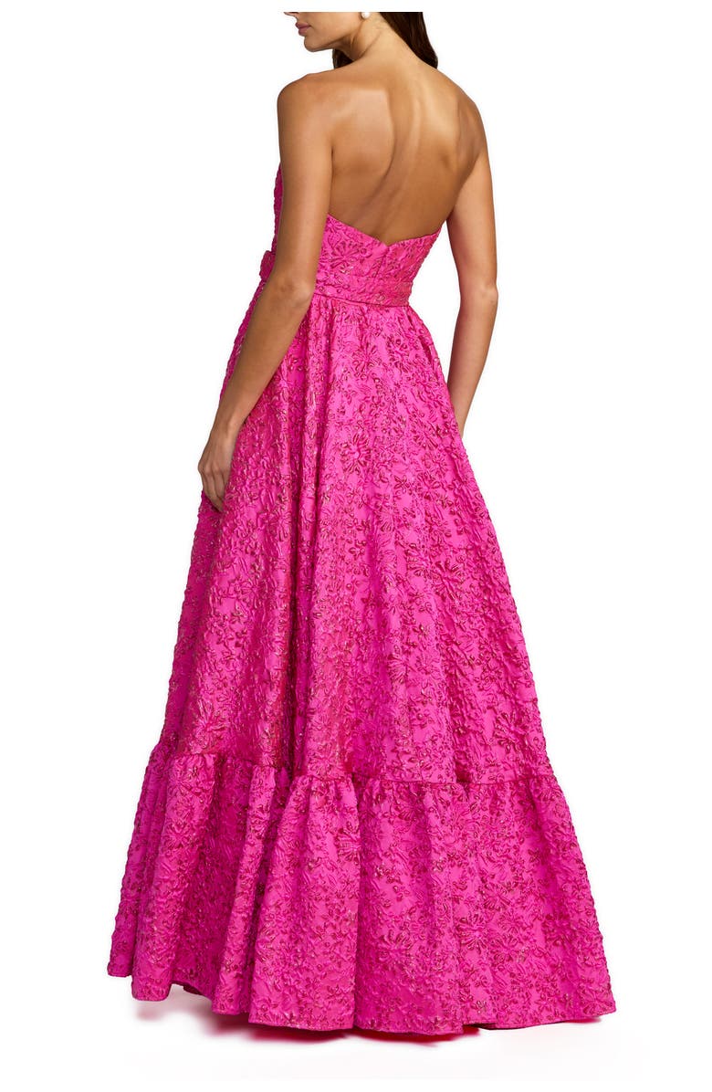 Mac Duggal Strapless Floral Brocade Ruffle Hem Gown With Belt, Alternate, color, Hot Pink