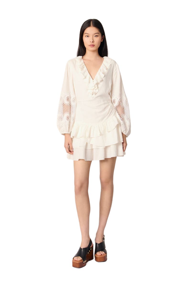 maje Ruffled embroidered sleeve dress, Alternate, color, 