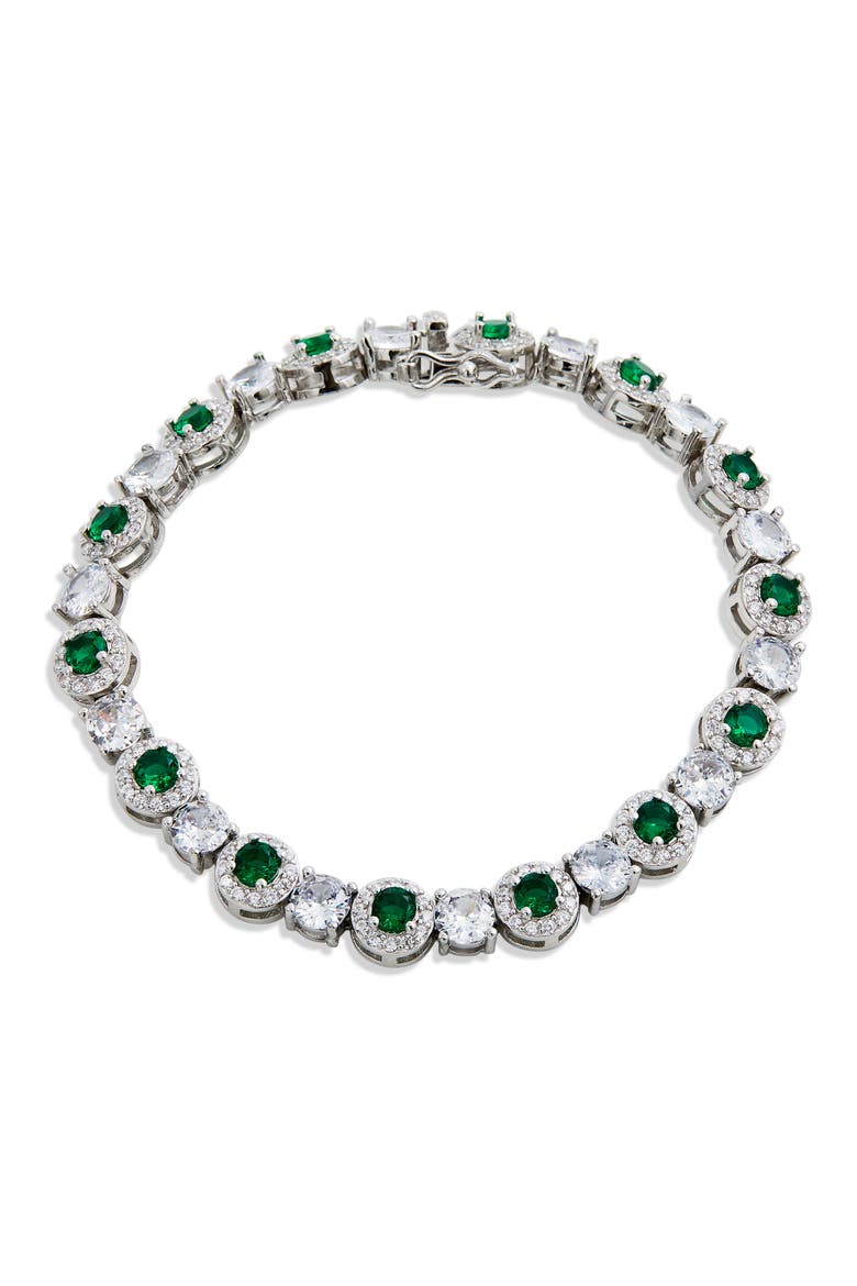 Cubic Zirconia Halo Tennis Bracelet, Main, color, GREEN