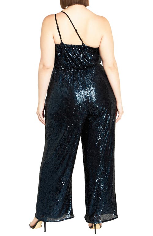 City Chic Savanna Sequin One-shoulder Jumpsuit In Petrol