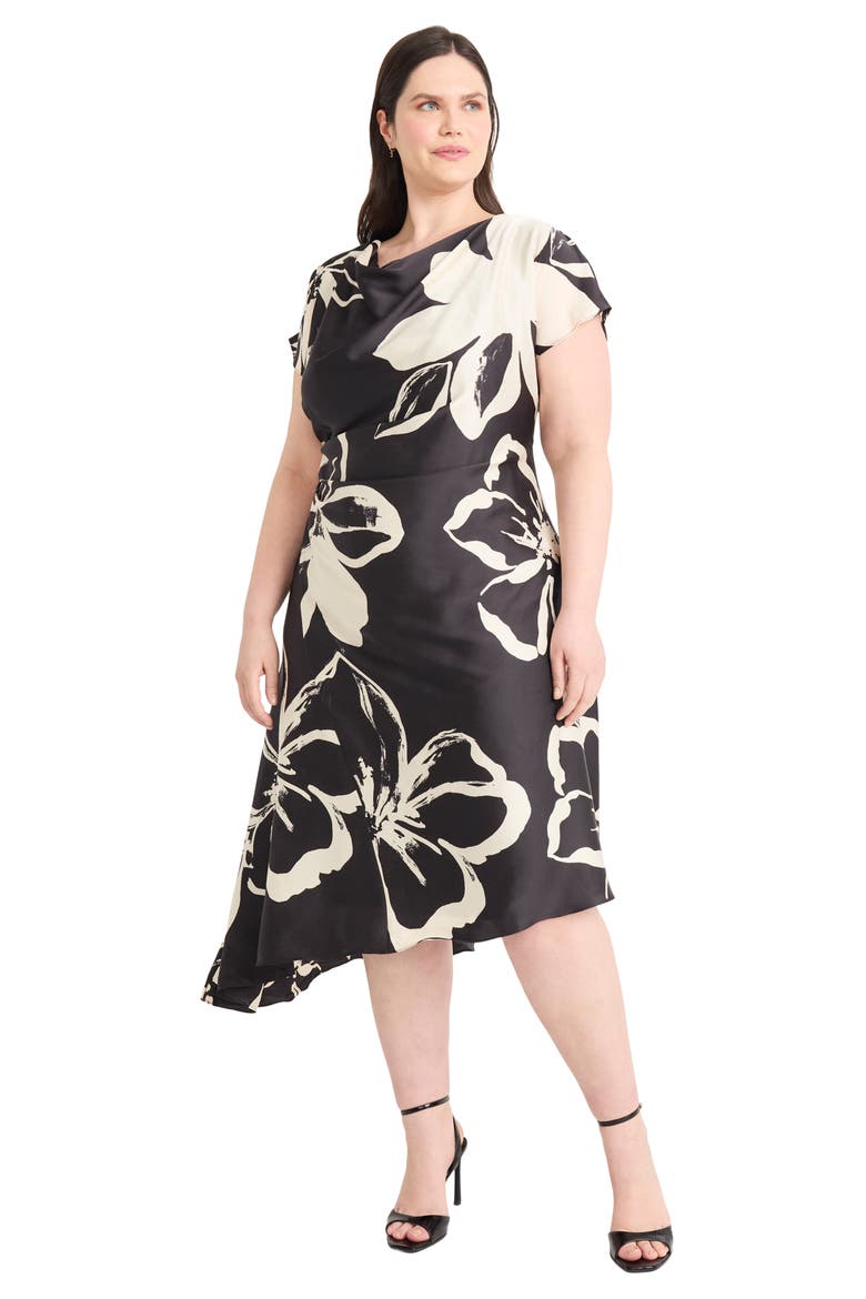 Floral Short Sleeve Asymmetric Hem Midi Dress, Alternate, color, BLACK/ CREAM
