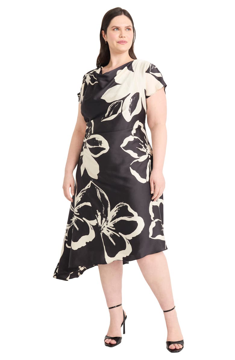 Maggy London Floral Short Sleeve Asymmetric Hem Midi Dress, Alternate, color, Black/ Cream