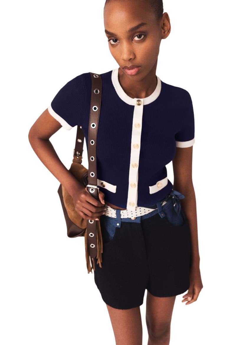 Contrasting cropped cardigan, Alternate, color, Navy / ecru