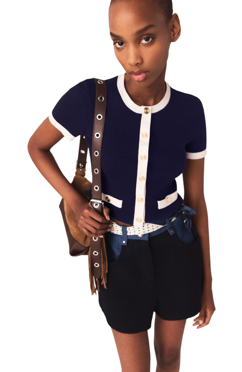 maje Contrasting cropped cardigan, Alternate, color, Navy / Ecru