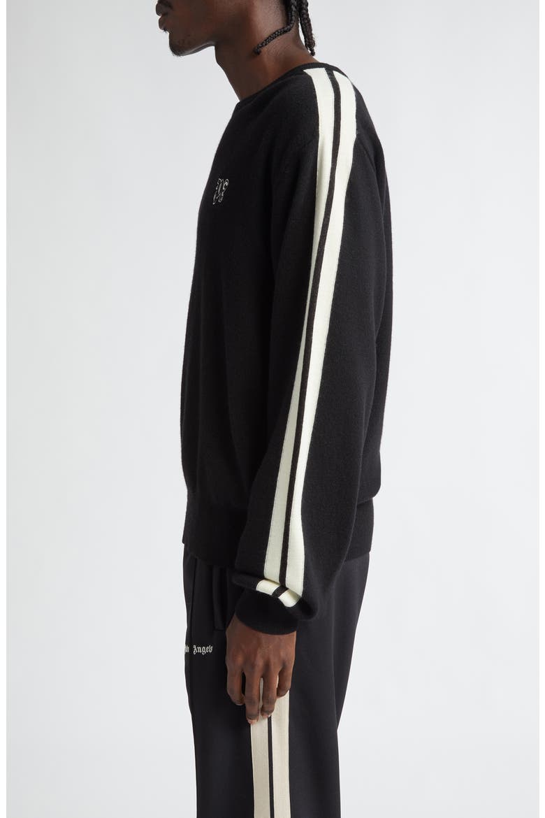 Monogram Track Stripe Crewneck Sweater, Alternate, color, BLACK OFF WHITE