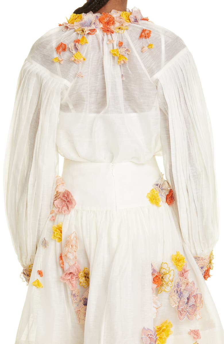 Zimmermann Postcard 3D Floral Appliqué Silk & Linen Organza Blouse, Alternate, color, 
