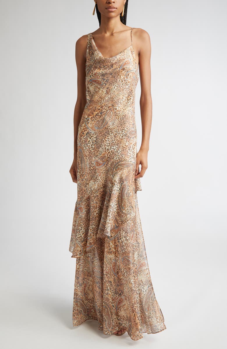 L'AGENCE Viola Mixed Print Tiered Silk Gown, Main, color, Brown/ Blue Valencia Leopard