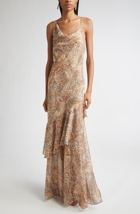 Viola Mixed Print Tiered Silk Gown