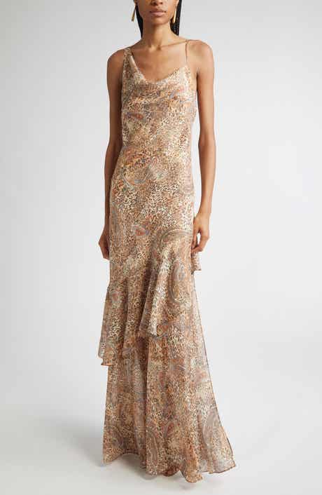 L'AGENCE Viola Mixed Print Tiered Silk Gown