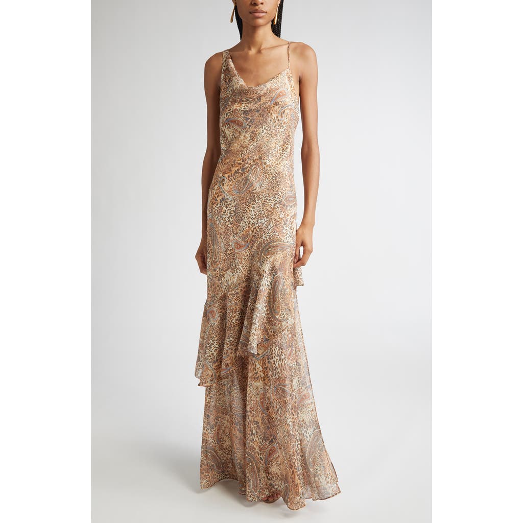 L'agence Viola Mixed Print Tiered Silk Gown In Neutral