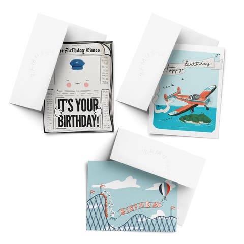 Birthday Greeting Card Pack (3ct) "Plane, Rollercoaster, Newspaper"