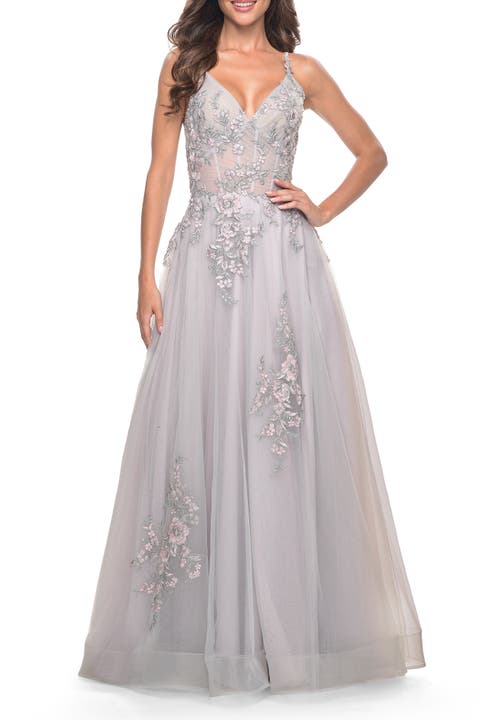 A-Line Tulle Prom Dress with Scattered Lace Applique
