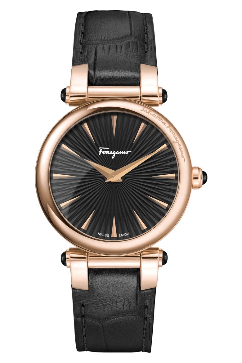 Idillio Croc Embossed Leather Strap Watch, 36mm, Main, color, ROSEGOLD