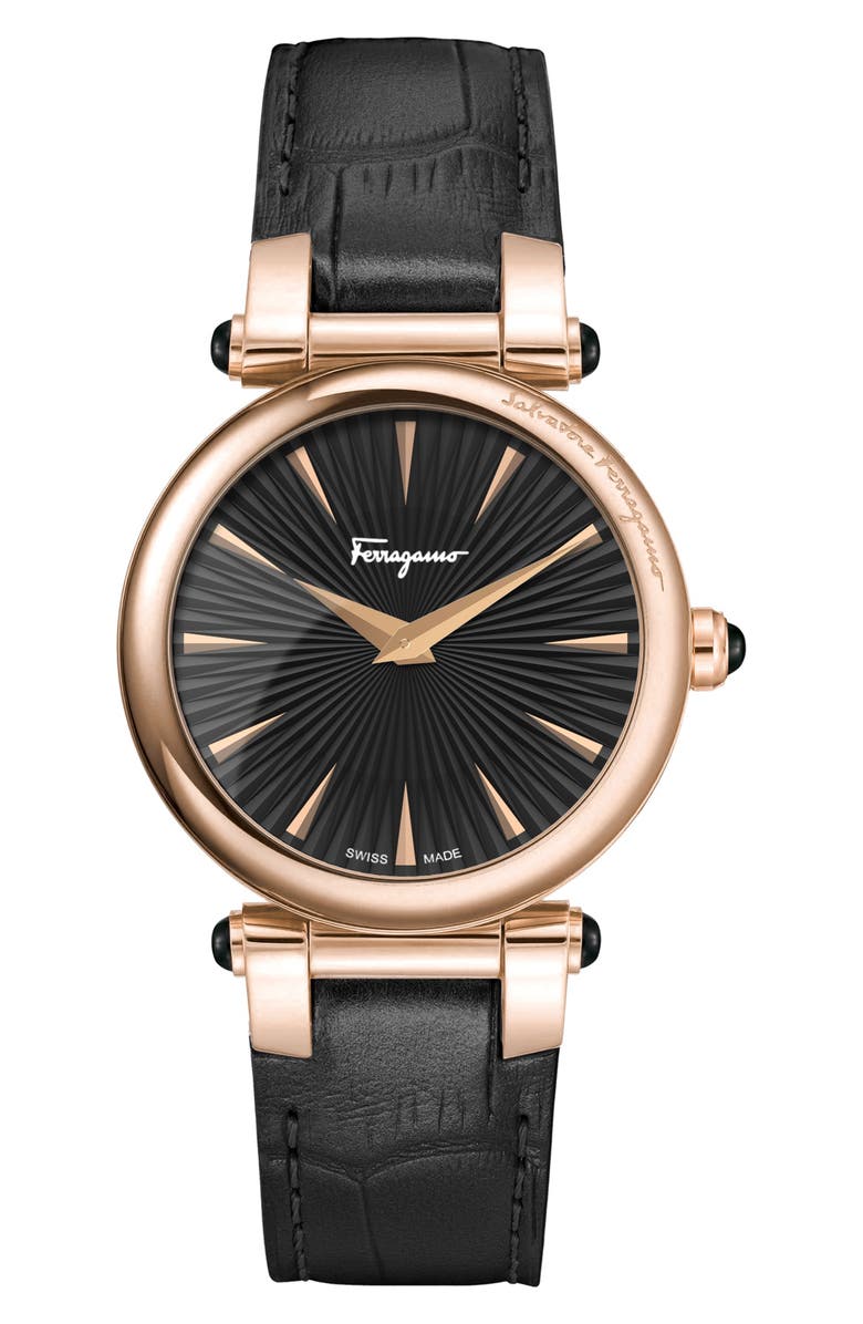 FERRAGAMO Idillio Croc Embossed Leather Strap Watch, 36mm, Main, color, Rosegold