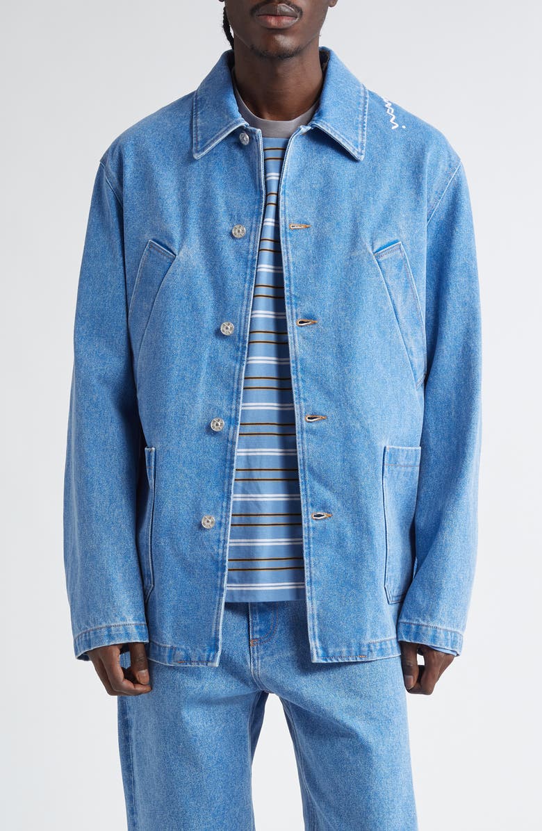 Marni Logo Embroidered Denim Chore Jacket, Main, color, Cobalt