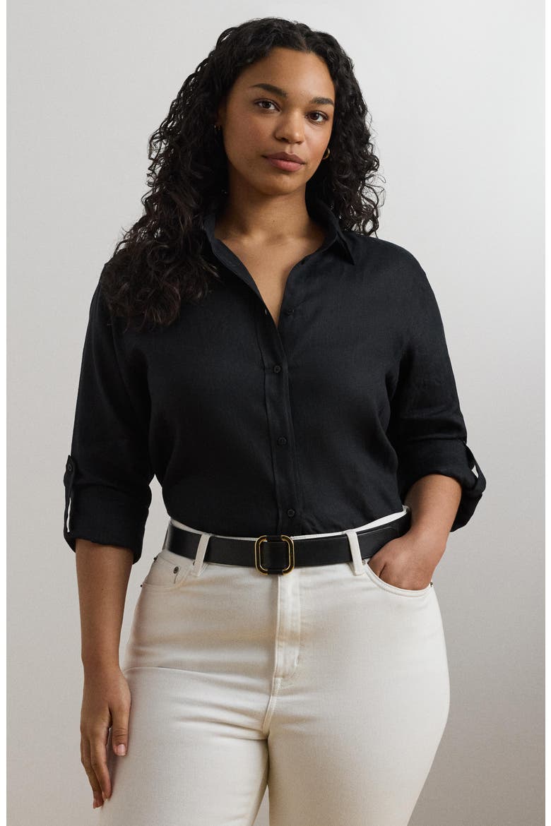 Relaxed Fit Linen Roll Tab Sleeve Shirt, Alternate, color, BLACK