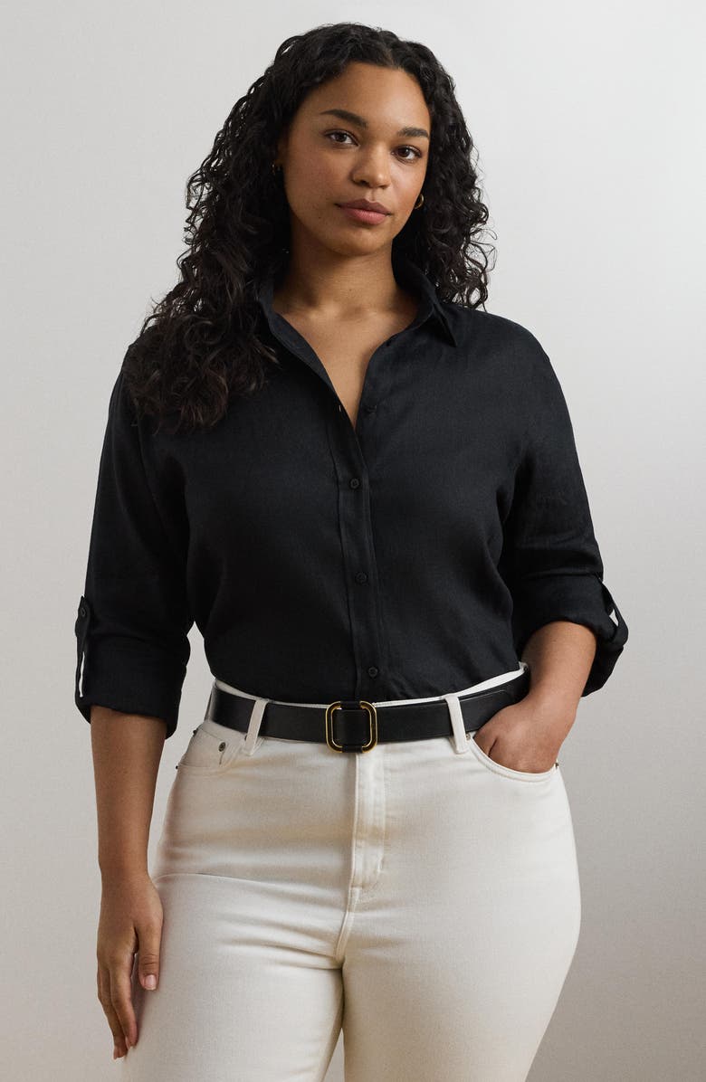 Lauren Ralph Lauren Karrie Tissue Linen Button-Up Shirt, Alternate, color, Polo Black