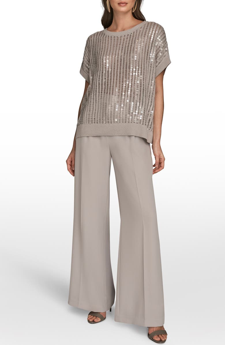 Donna Karan New York Sequin Open Stitch Short Sleeve Sweater, Alternate, color, Vapor