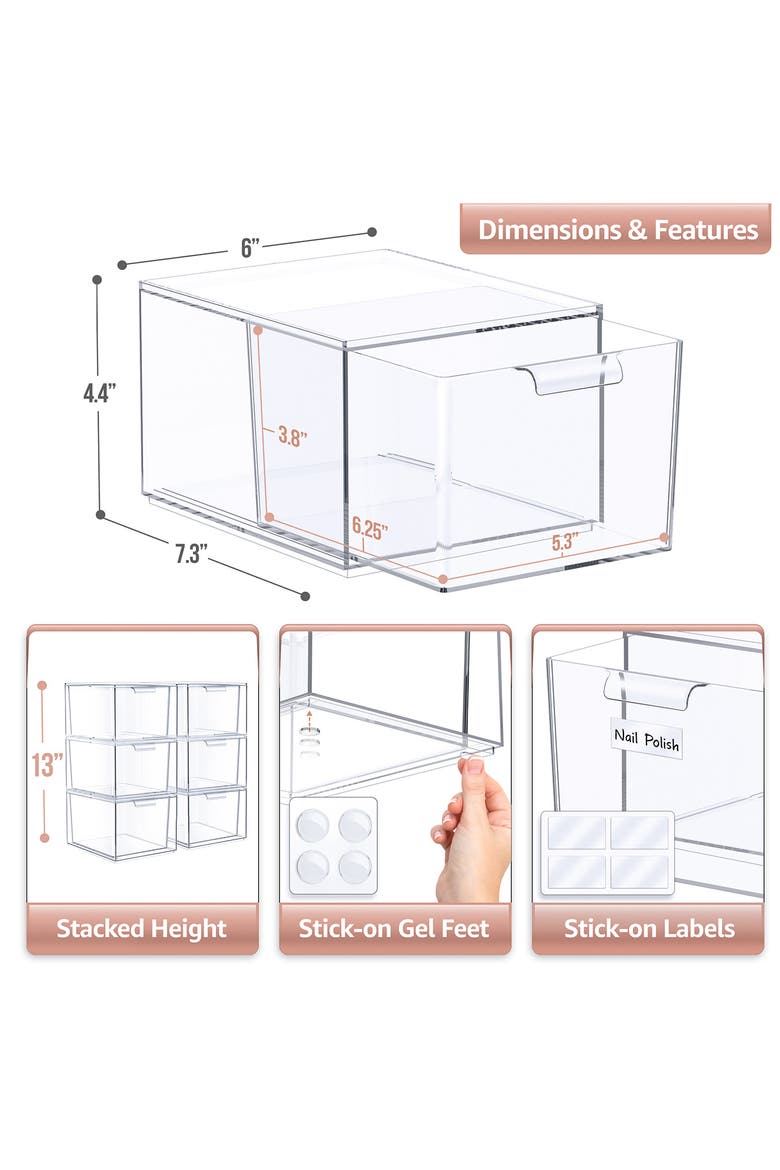 Set of 6 Clear Stackable Storage Drawers, Alternate, color, CLEAR