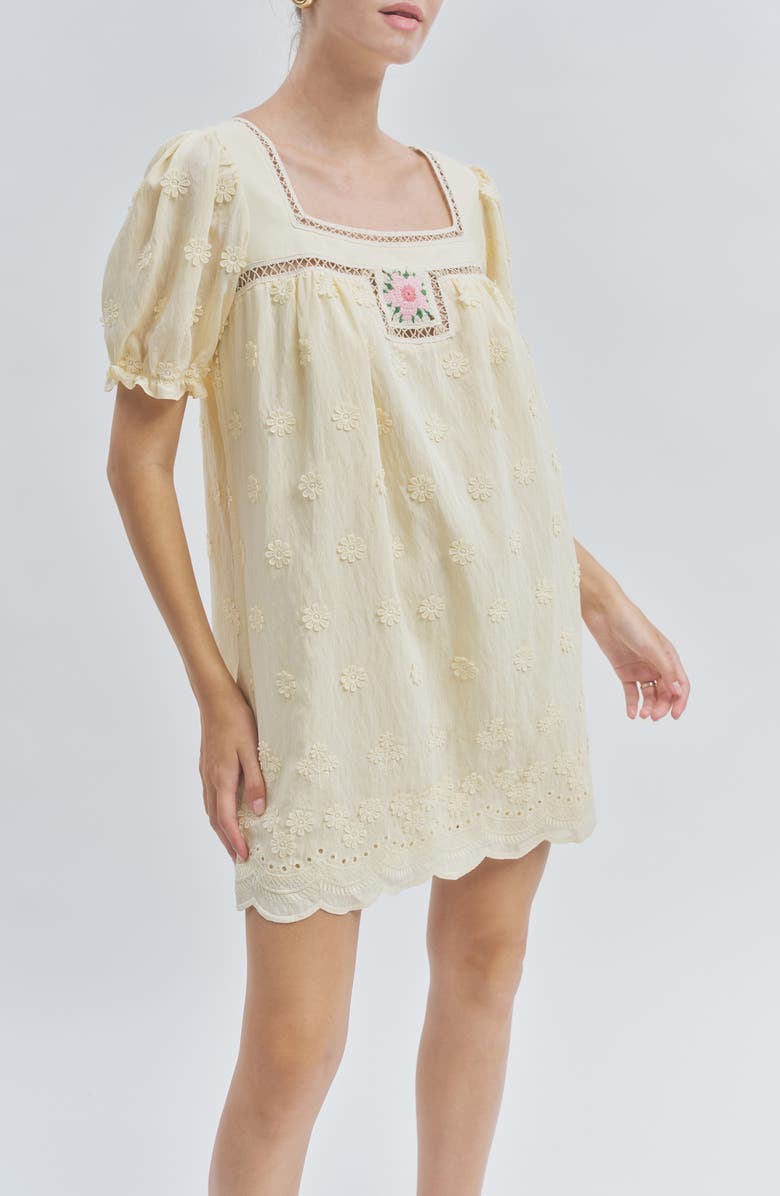 MAUDE CLUB Odette Floral Appliqué Mini Babydoll Dress, Alternate, color, Butter Yellow