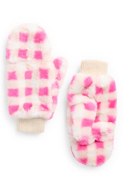 Checkered Faux Fur Mittens