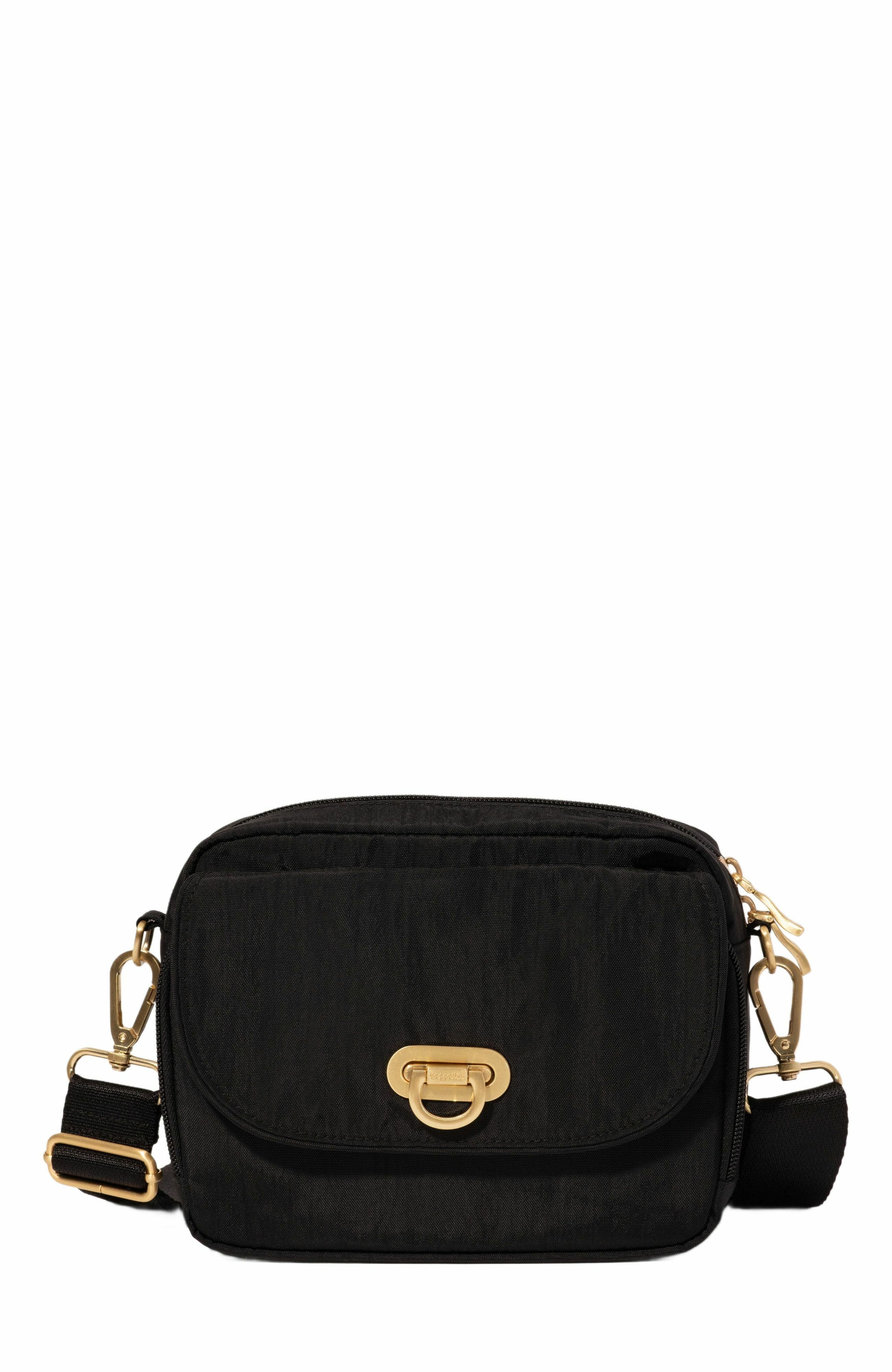 BAGGALLINI Coastal Flip Lock Camera Bag Crossbody, Main, color, Black With Gold Hardware