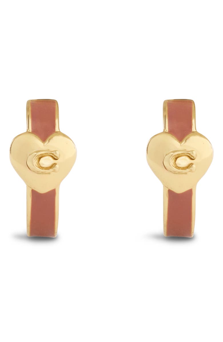 COACH Heart Enamel Huggie Hoop Earrings, Alternate, color, Brown/ Gold