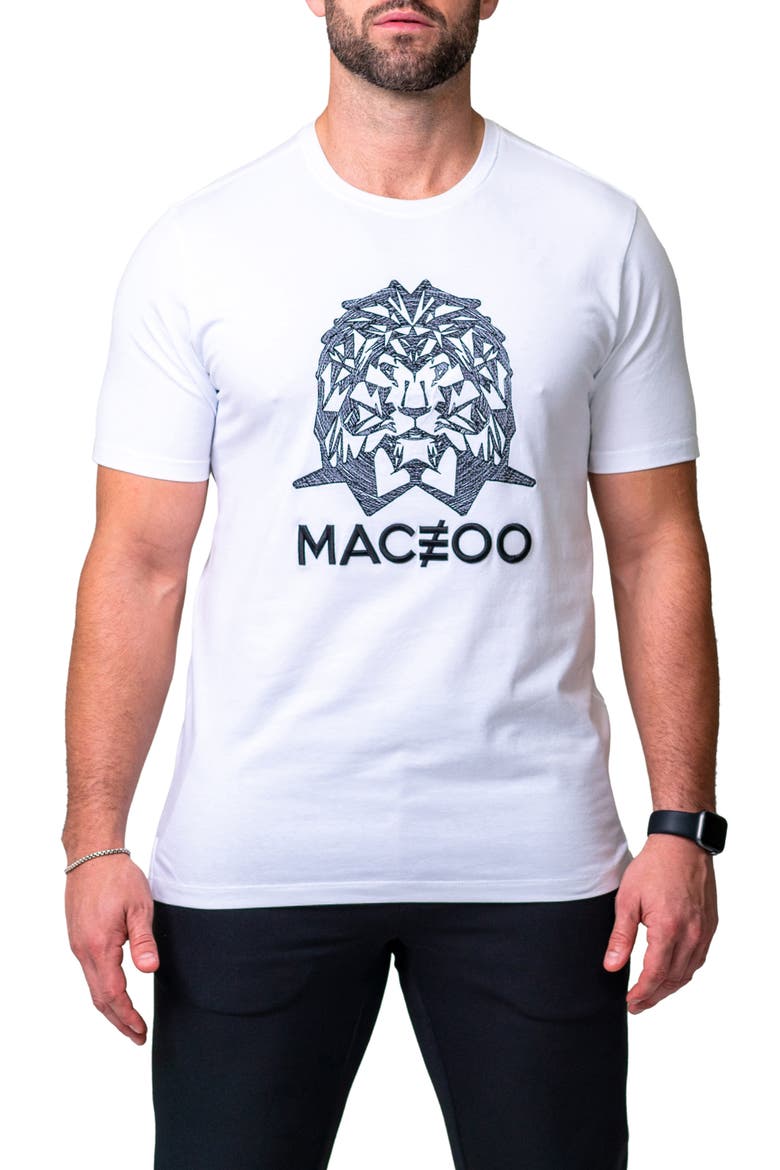 Mightymane White Embroidered Logo Stretch Cotton Graphic T-Shirt, Main, color, WHITE