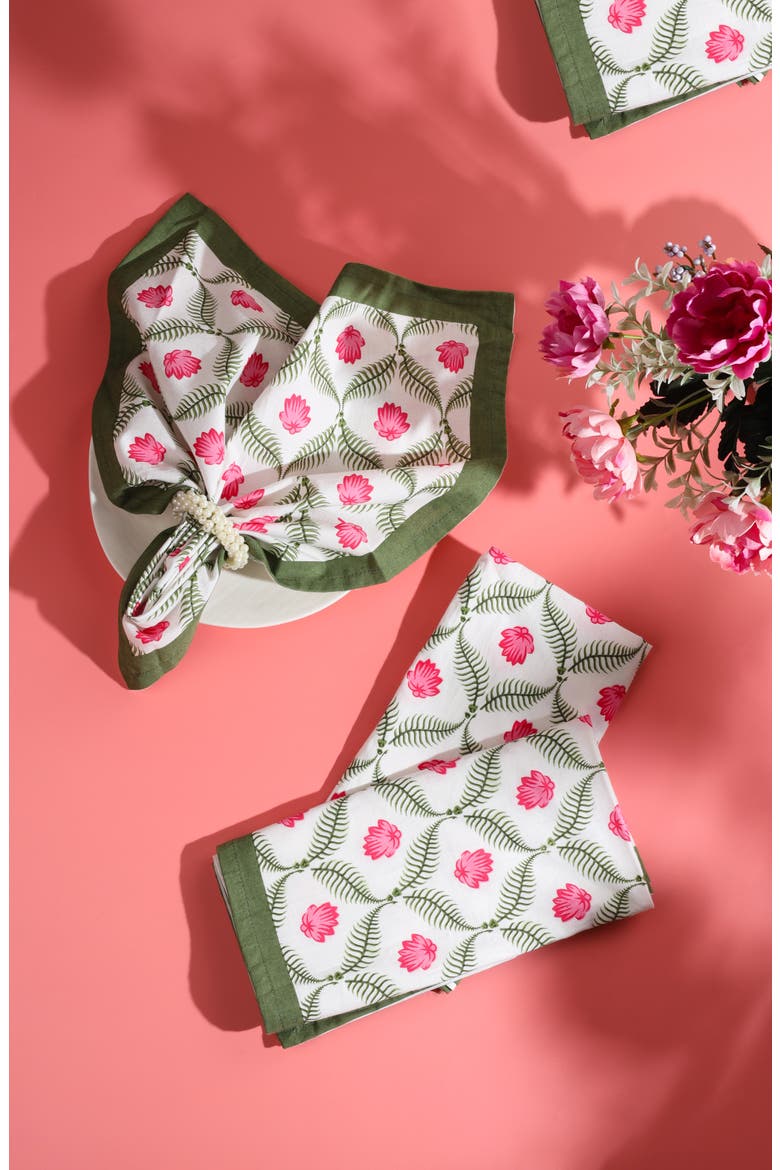 Cotton Set of 4 Napkins, Alternate, color, GREEN/ PINK