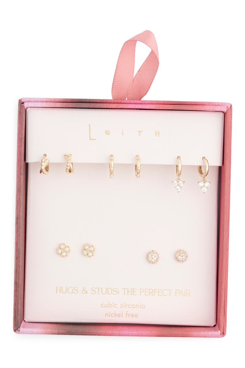 5-Pack Assorted Stud & Huggie Hoop Earrings, Main, color, CLEAR- GOLD