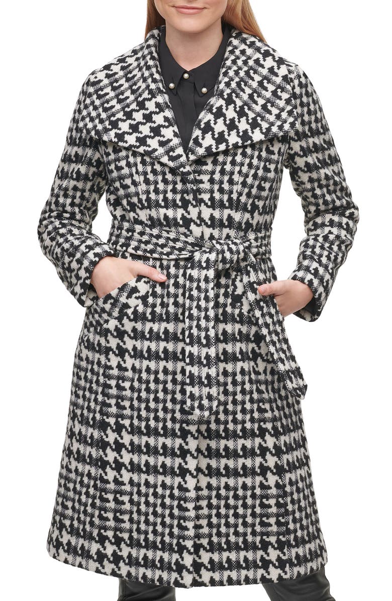 KARL LAGERFELD PARIS Puff Sleeve Belted Coat, Main, color, Black/ White