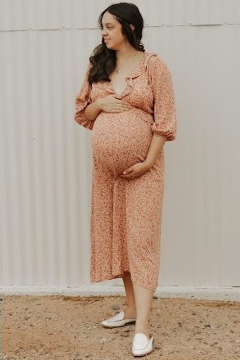 Floral Ruffle V-Neck Midi Dress, Alternate, color, Rust