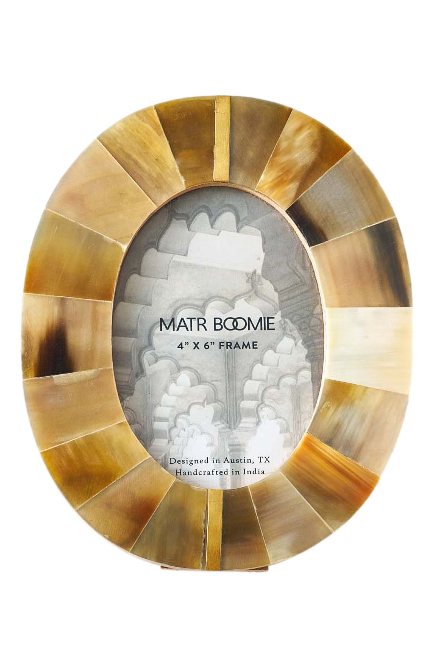 Matr Boomie Kachhua Picture Frame - Horn, Brass Inlay in Brown - Oval 4X6 