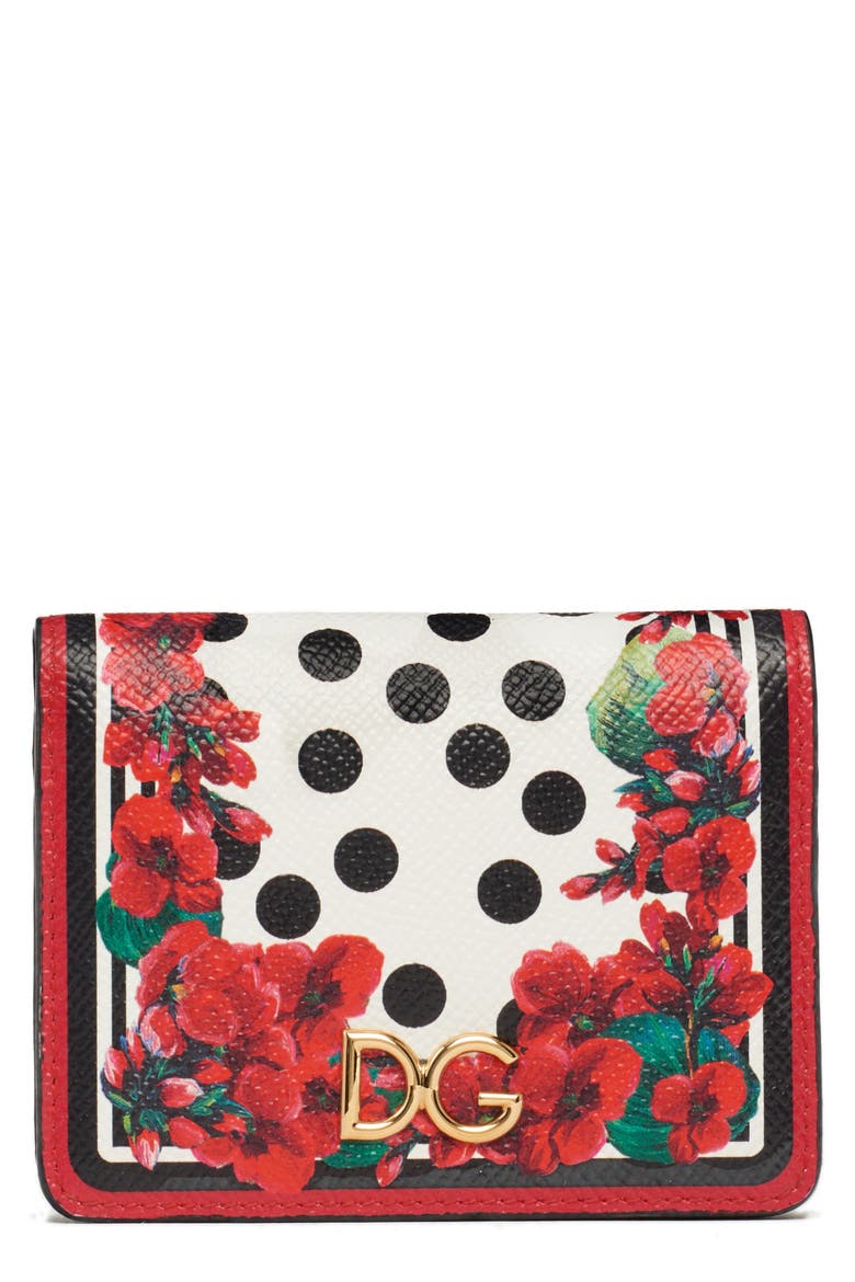 Small Geranium Print Leather Wallet, Main, color, GERANIUM/ POIS