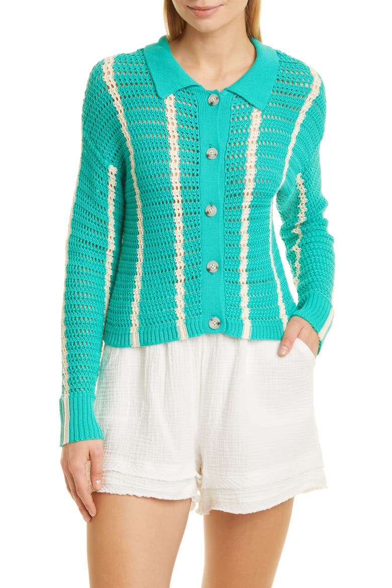 Vertical Stripe Organic Cotton Crochet Cardigan, Main, color, PEACOCK GREEN/ BUTTERCREAM