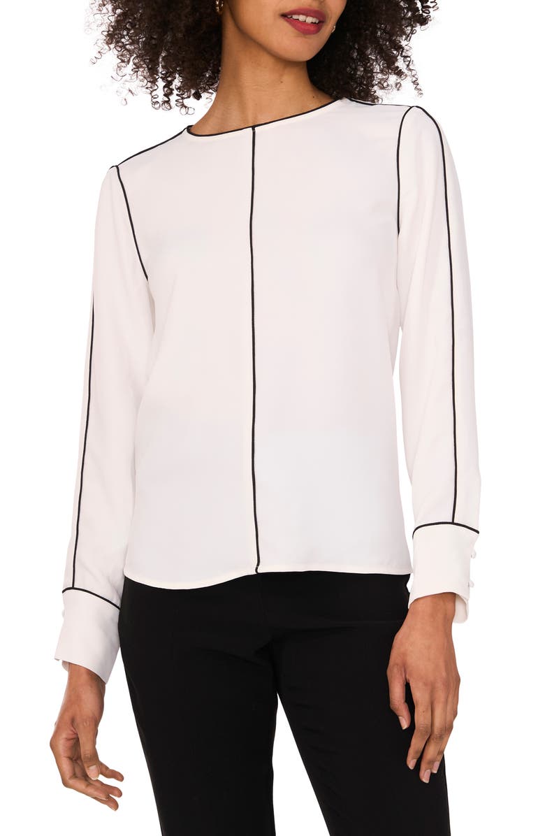 Vince Camuto Piped Long Sleeve Crêpe de Chine Top, Main, color, New Ivory