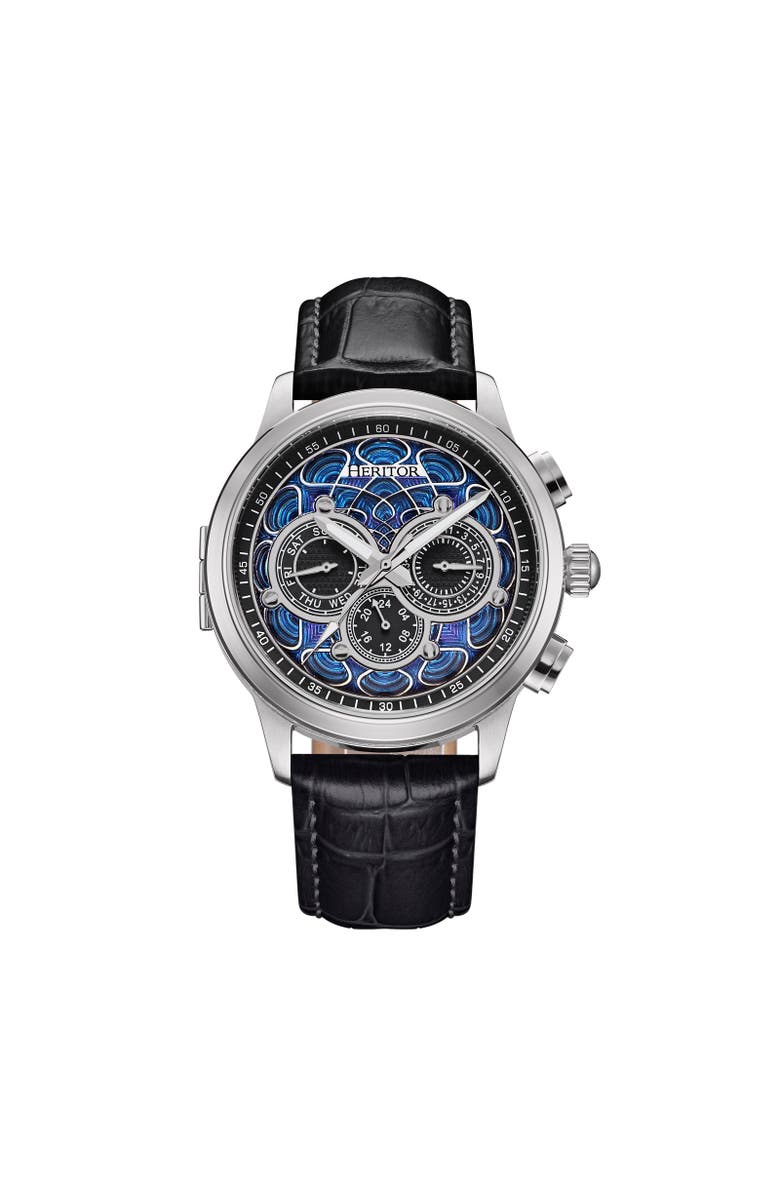 Heritor Automatic Apostle Leather-Band Watch w/ Day/Date, Main, color, Silver/Black