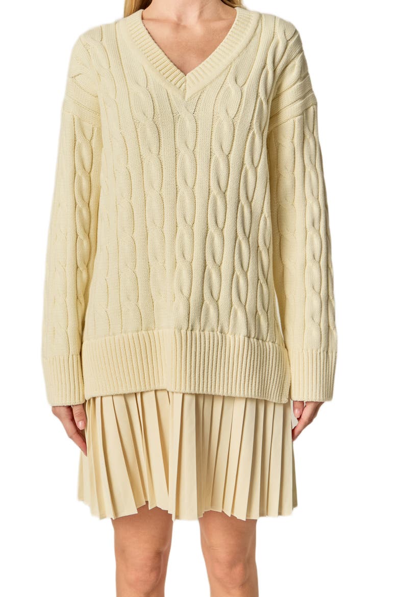 Long Sleeve Pleated Mixed Media Sweater Dress, Alternate, color, CREAM