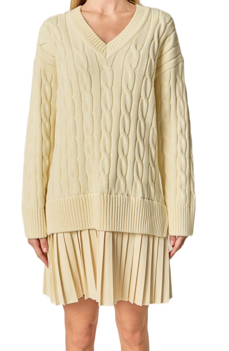 English Factory Long Sleeve Pleated Mixed Media Sweater Dress, Alternate, color, Cream