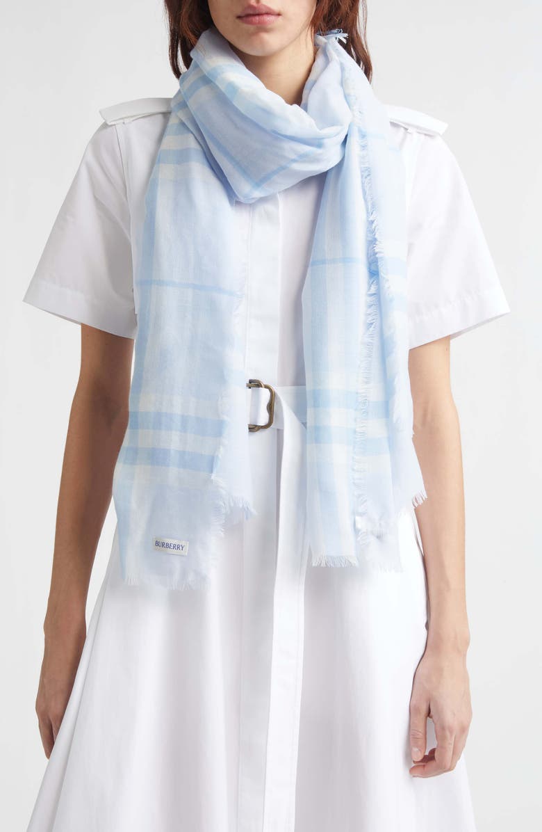 Burberry Giant Check Wool Gauze Fringe Scarf, Alternate, color, Cirrus Blue