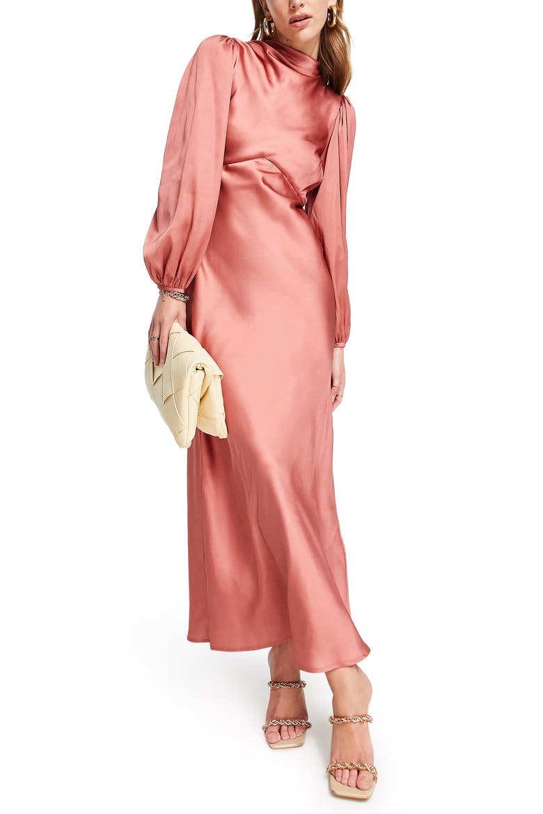 Balloon Sleeve Satin Gown, Main, color, PINK