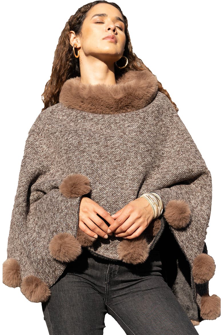 Posey Faux Fur Pompom Adorned Poncho, Alternate, color, CAMEL
