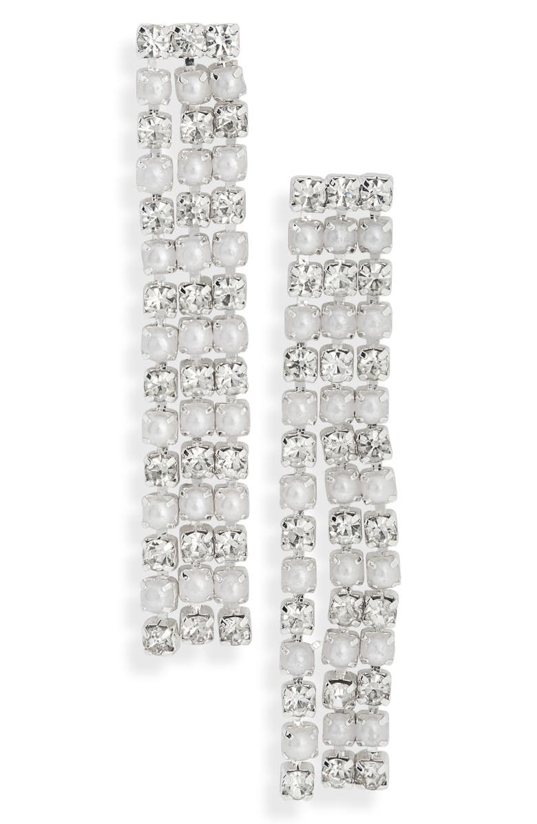 NORDSTROM RACK Crystal & Faux Pearl Fringe Drop Earrings, Main, color, Clear- White- Silver