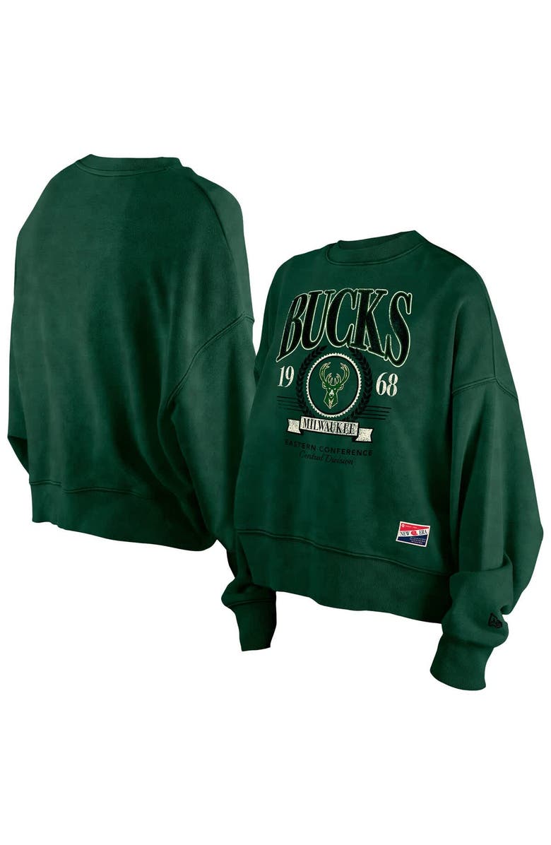 New Era Women's New Era  Hunter Green Milwaukee Bucks Hardwood Classics Enzyme Wash Oversized Boxy Pullover Sweatshirt, Alternate, color, Hunter Green