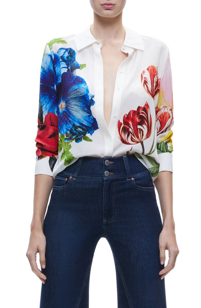 Alice + Olivia Willa Floral Silk Button-Up Shirt, Main, color,