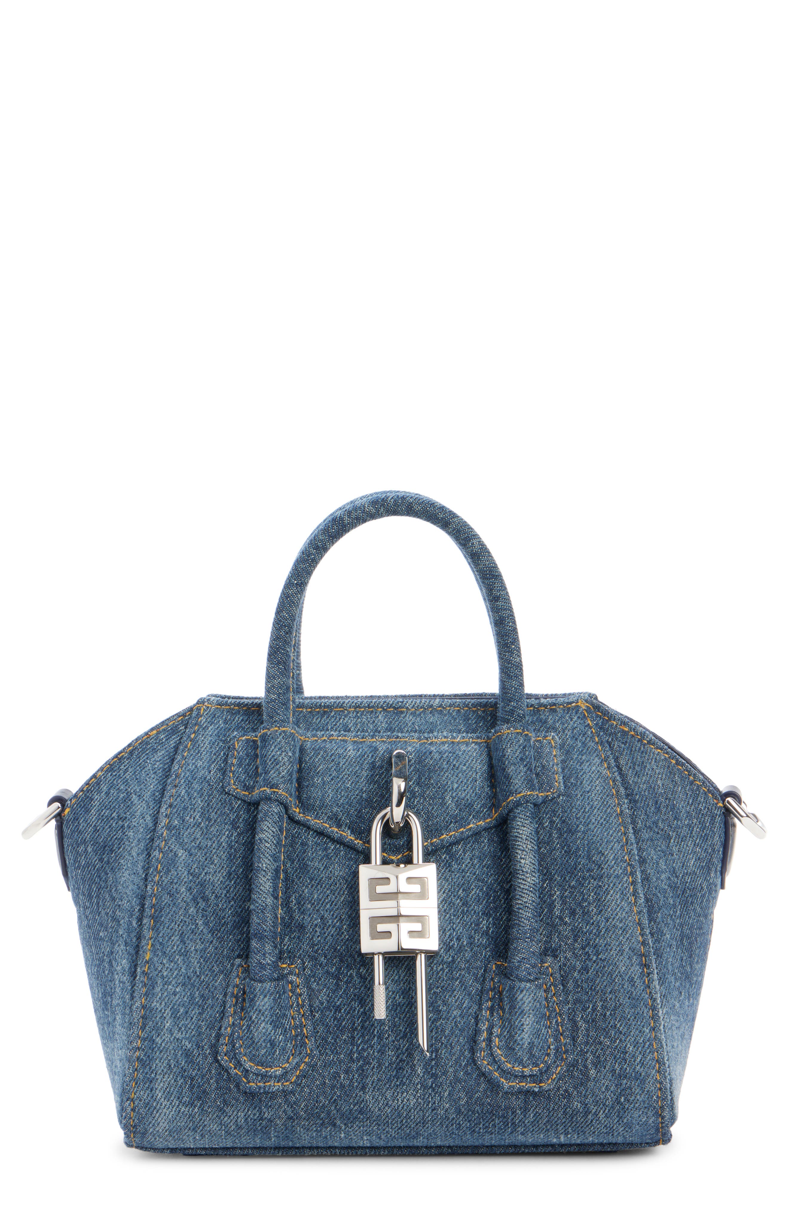 Toy Antigona Lock Denim Satchel, Main, color, DARK BLUE