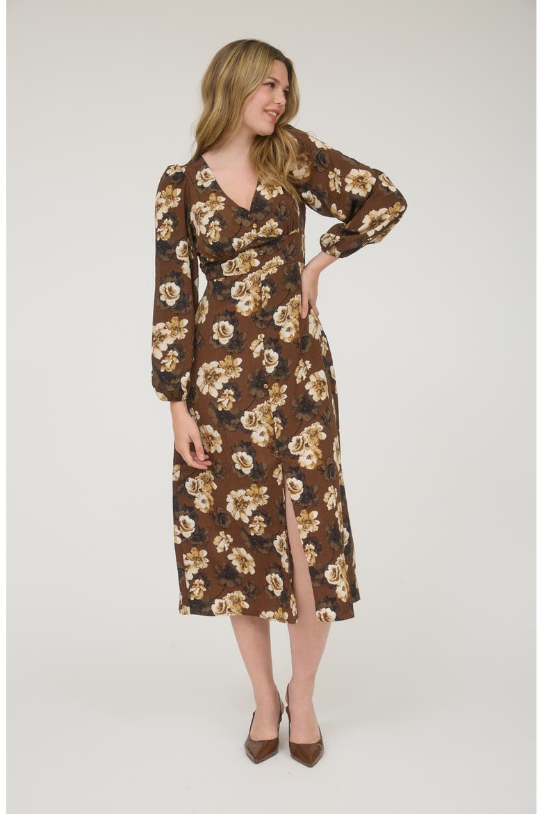 Floral Long Sleeve Maxi Dress, Alternate, color, BROWN MULTI