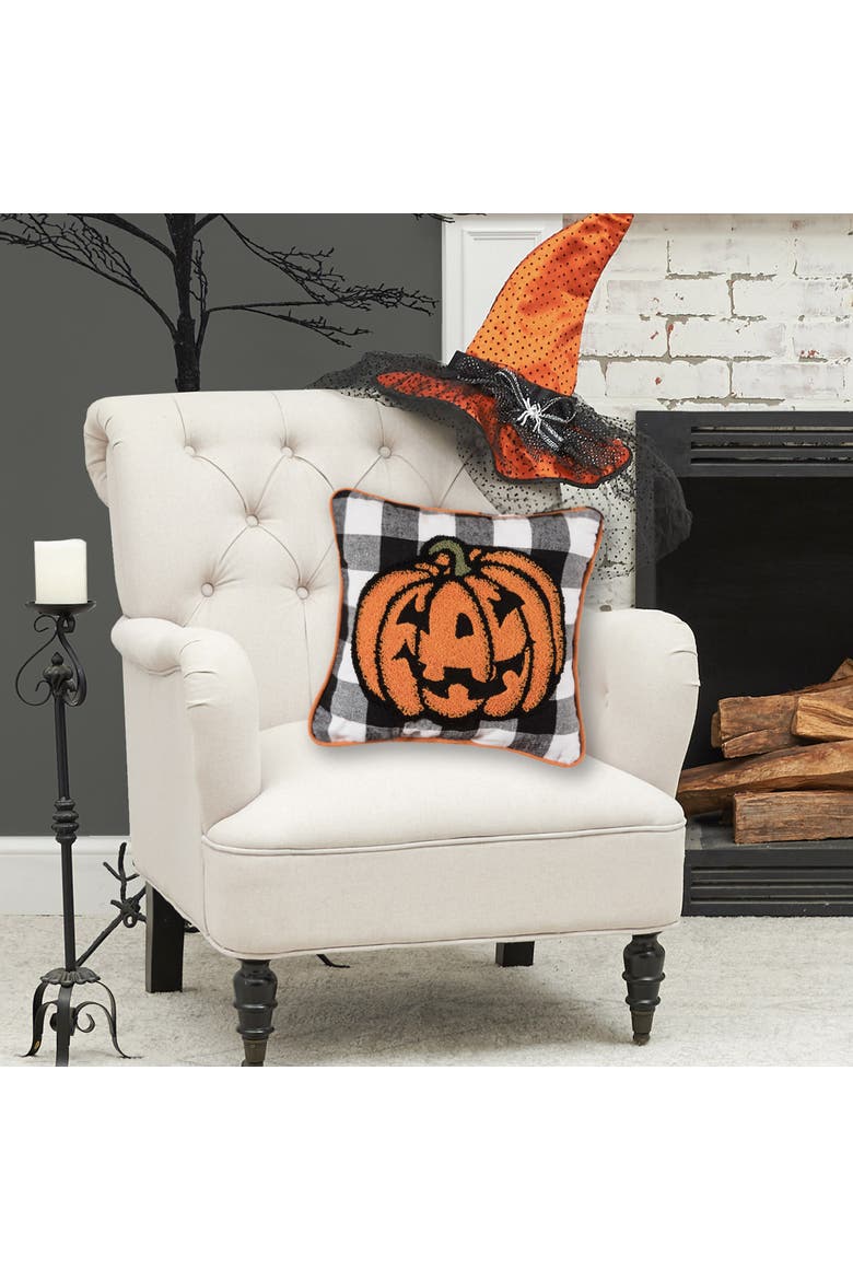 Jack-O-Lantern Pumpkin Check Tufted Halloween Accent Pillow, 12" x 12", Alternate, color, Orange