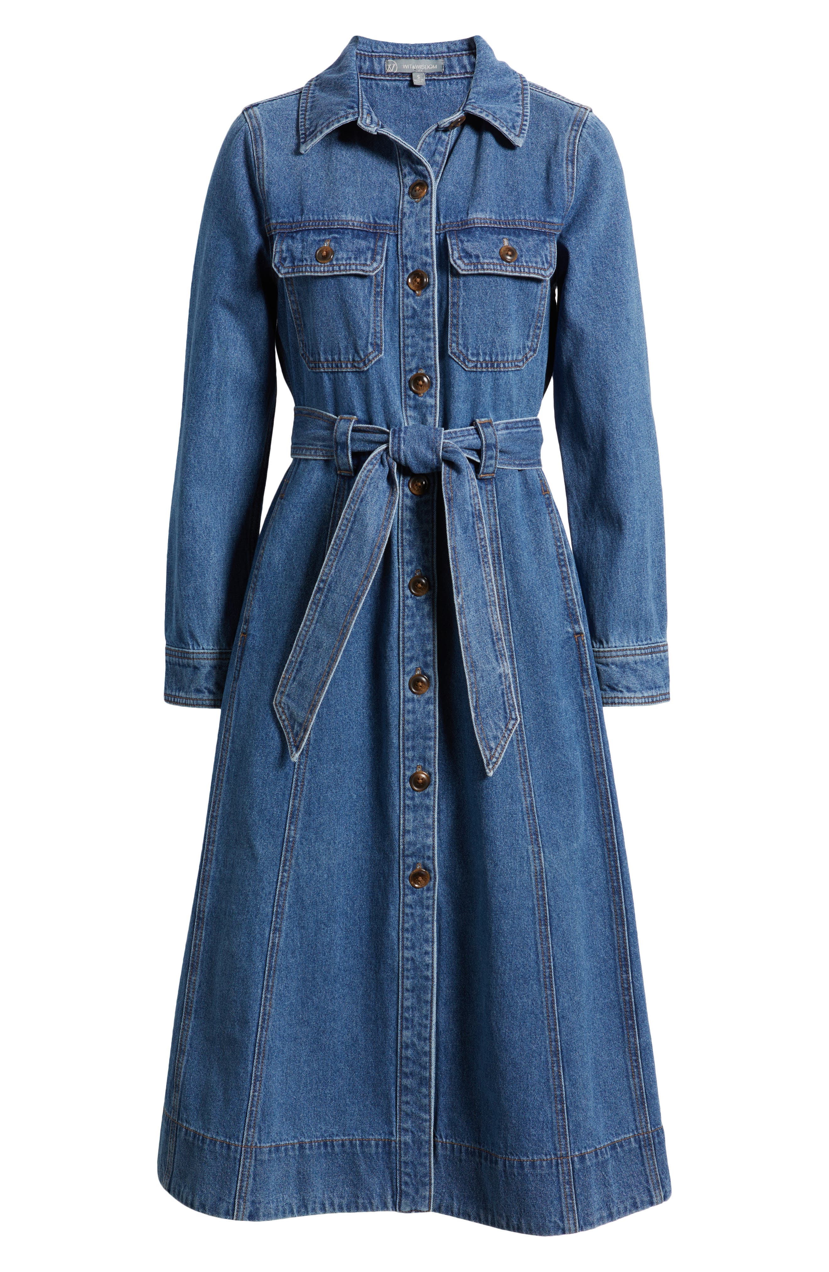 wit and wisdom denim dress Long Sleeve Button Down Denim Dress M / Mid Blue Denim